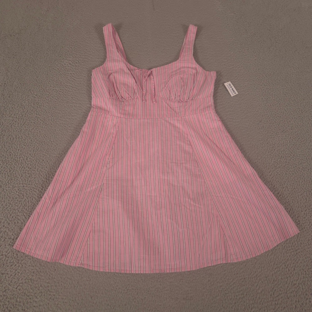 Old Navy Dress Womens L Fit & Flare Cami Mini Multi Stripe Cotton Tie Front NEW